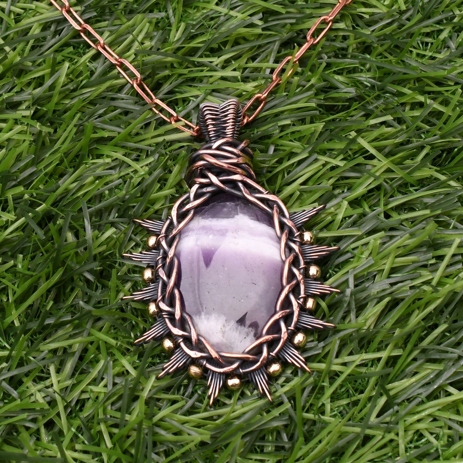Amethyst Lace Gemstone Copper Wire Wrap Handmade Jewelry Pendant 2.28″