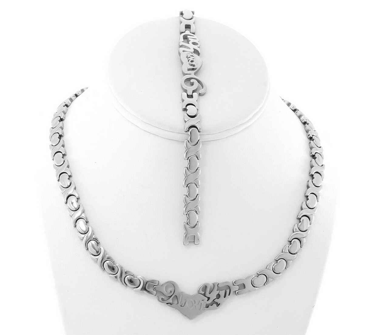 Stainless Steel Silver Tone I LOVE YOU Hugs & Kisses Set XO Necklace & Bracelet