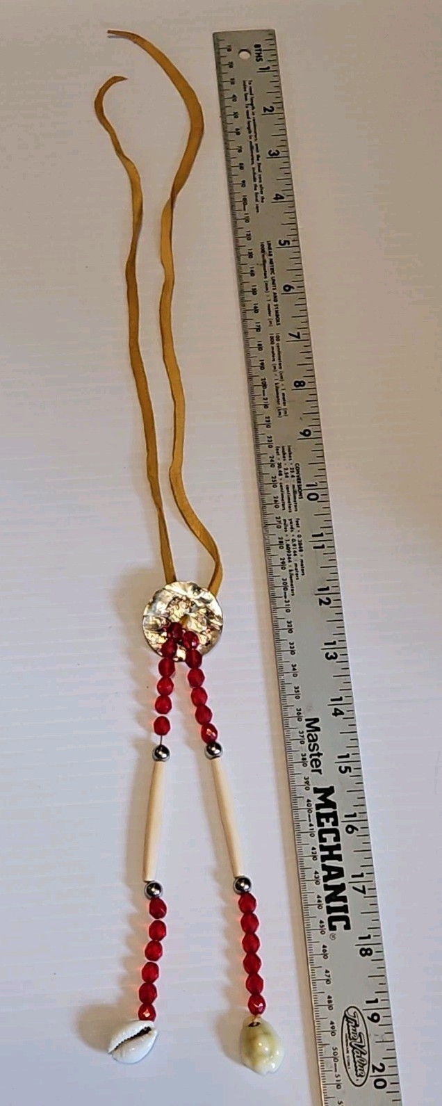 Tribal Design Leather Necklace Bone Shell Silver Abalone And Red Beads 17-20 in