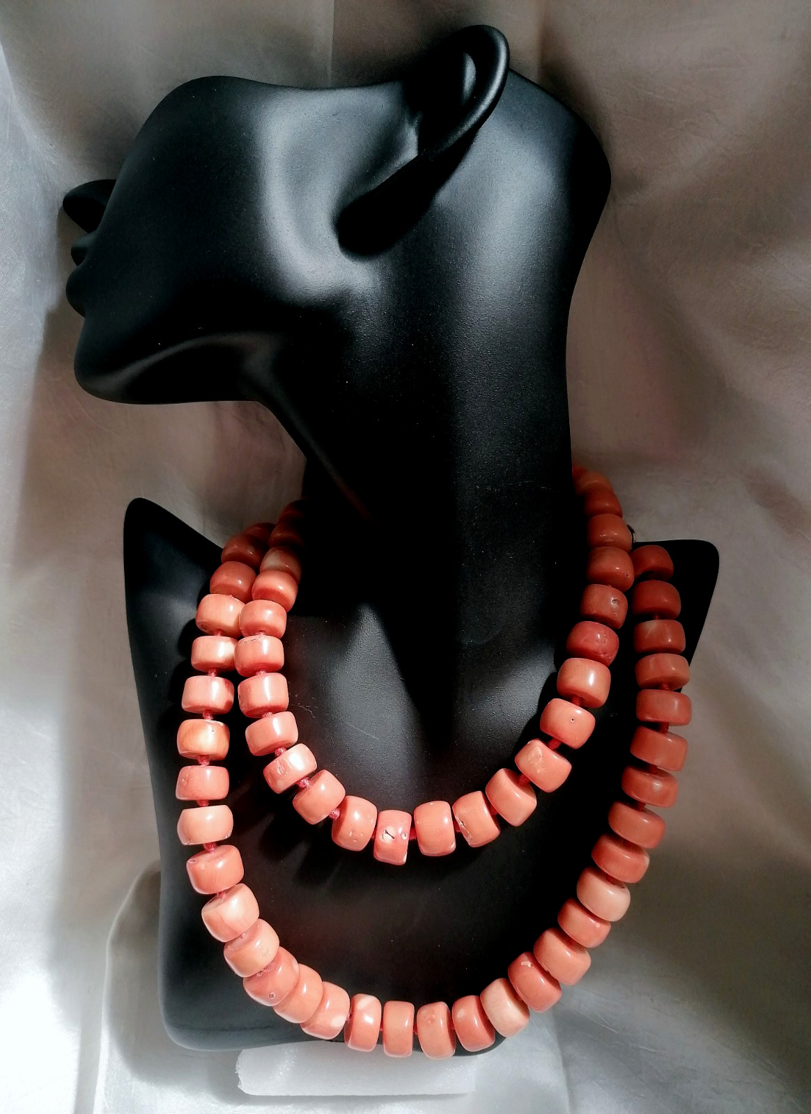 SPECTACULAR MAXI LONG NECKLACE CORAL BAMBOO SALMON CLASP SILVER GOLD.