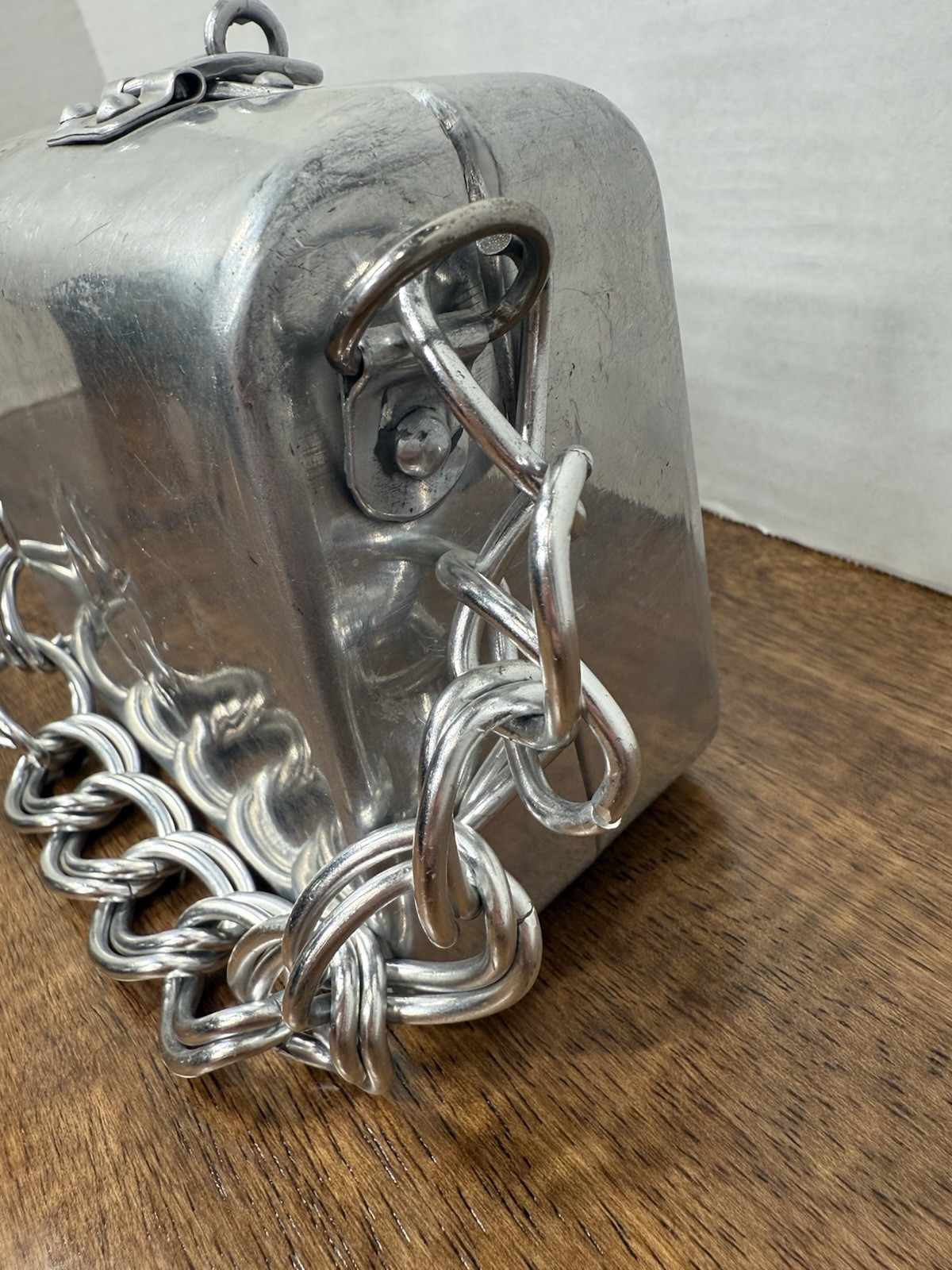 Silver Aluminum Rectangular Jewelry Box, Hinged Lined Interior, Chain Handle
