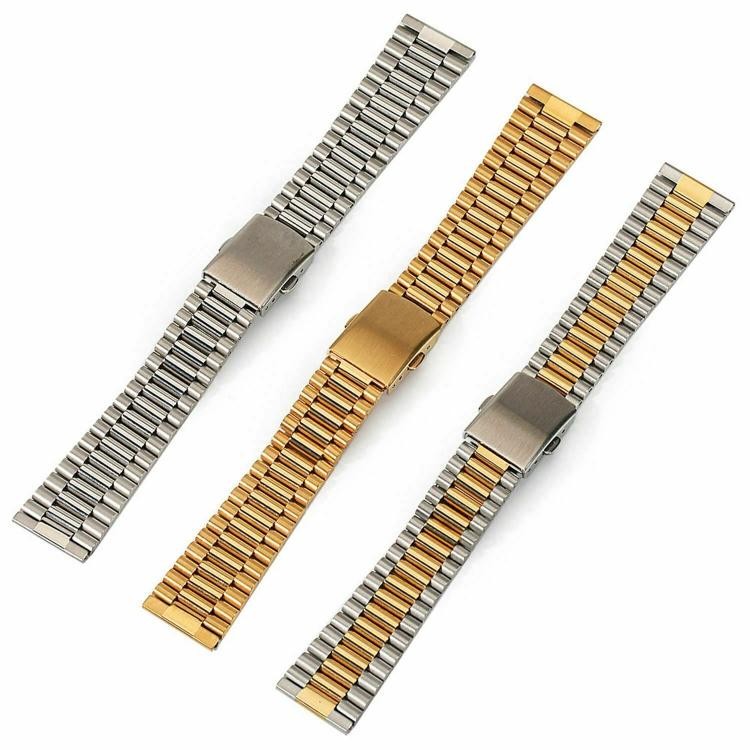 12-20mm 3Rows Slim Metal Watch Band Safe Secure Clasp Stainless Steel Link Strap
