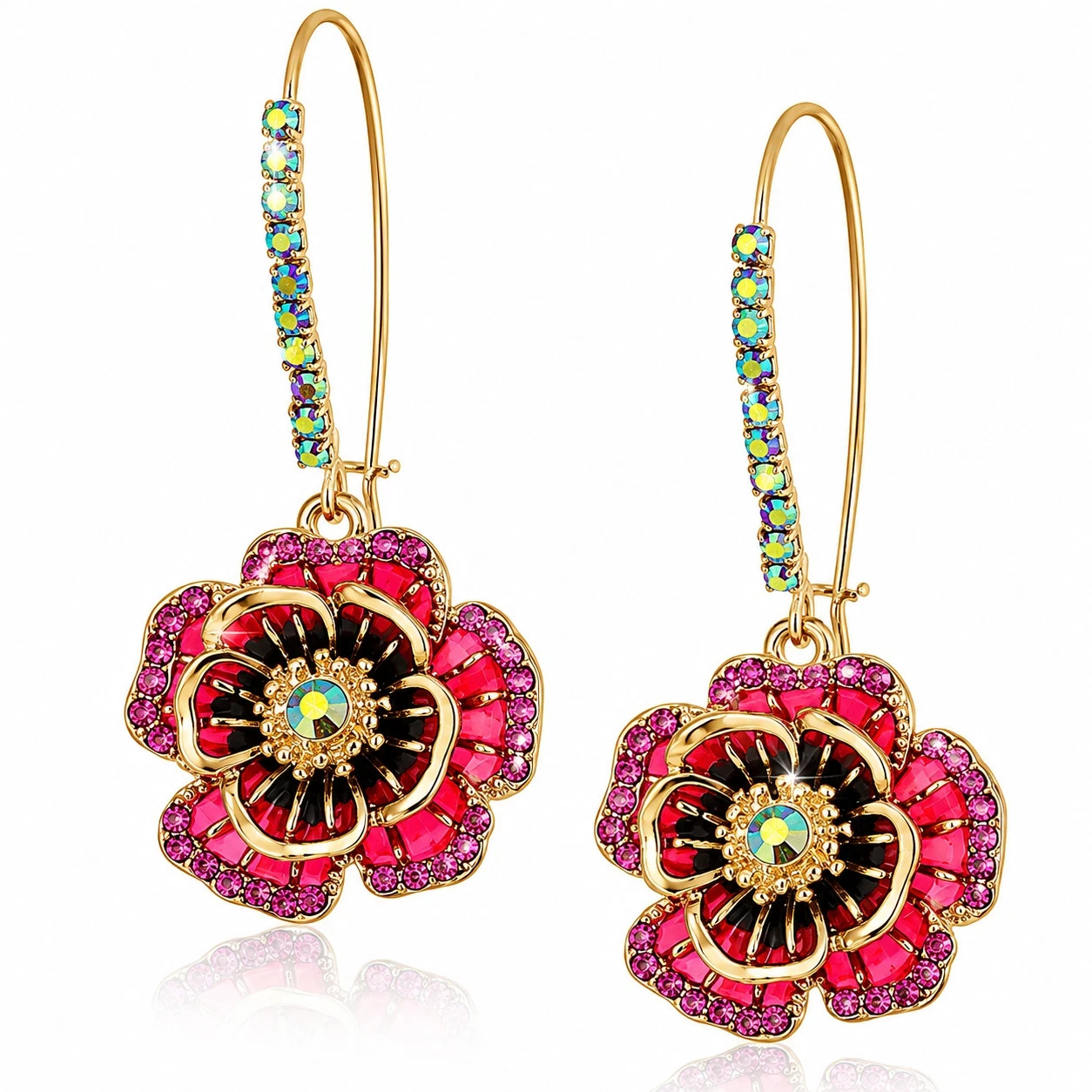 Rose Flower Dangle Earrings – Pink & Gold Tone 3 Pack