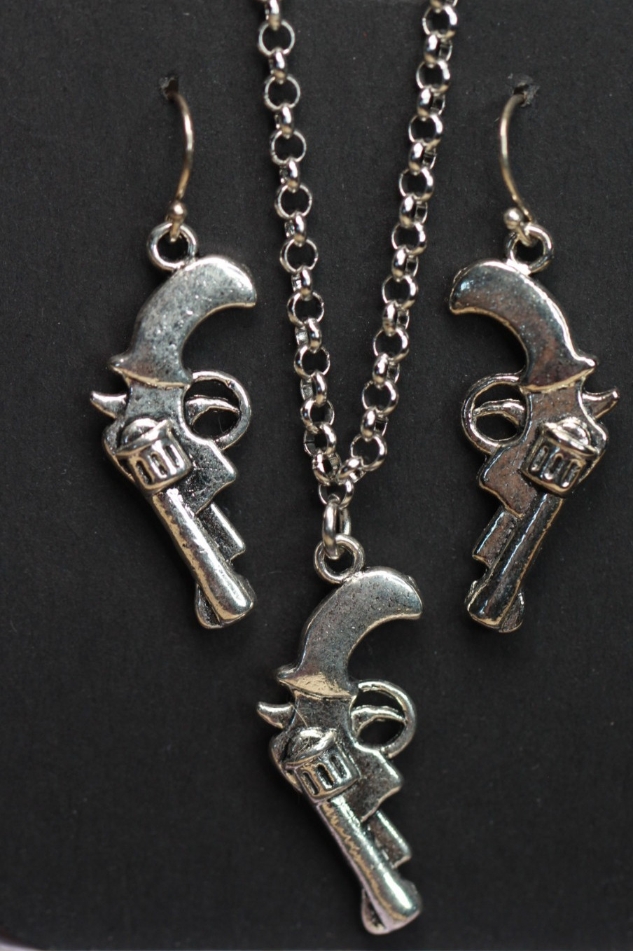 Revolver Chain Necklace Set Earrings Silver Pewter Charms, Sterling Silver Hooks