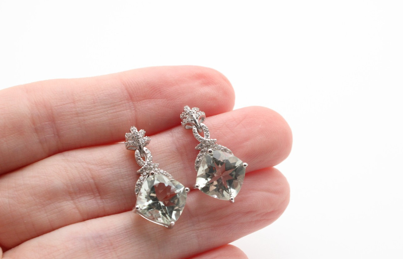 925 Sterling Silver Green Apatite Cushion Burst Clear Stone Fancy Earrings