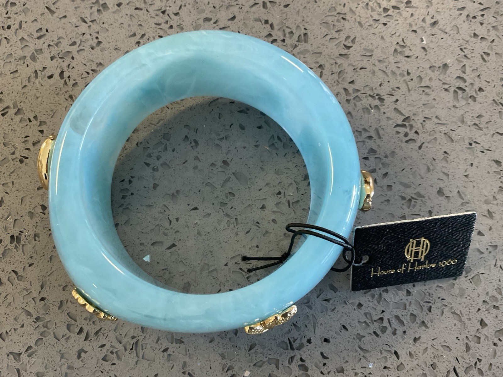House of Harlow Blue Chunky Bangle Bracelet Gold Tone Seashell Starfish 8.25″