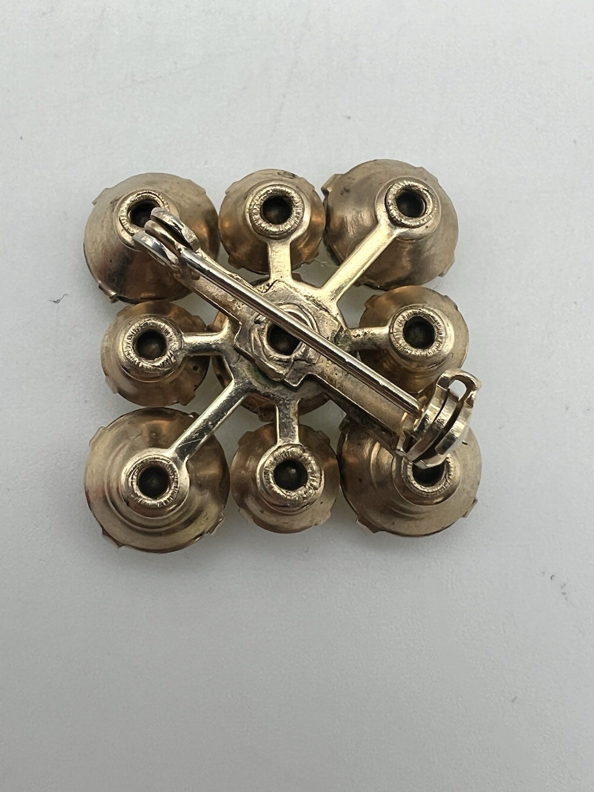 Vintage Jonquil Rhinestones Gold Tone Round Stones, Square Brooch Pin Prong