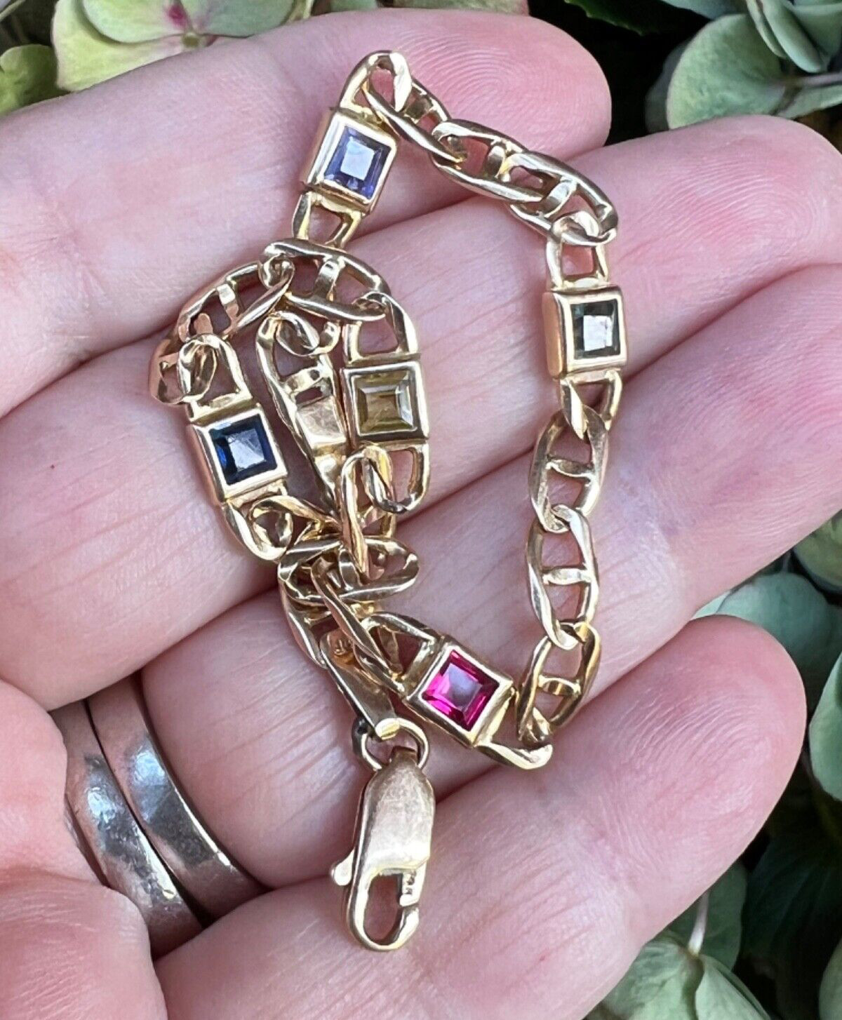 14K YELLOW GOLD MULTI GEMSTONES FIGARO BRACELET MADE IN ITALY CANDY COLORS