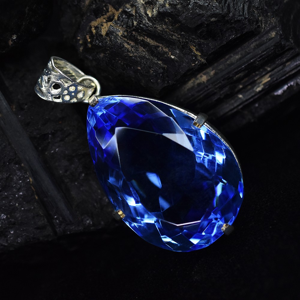 Blue Sapphire 104.95 Ct CERTIFIED Pear 925 Sterling Silver Gemstone Pendant