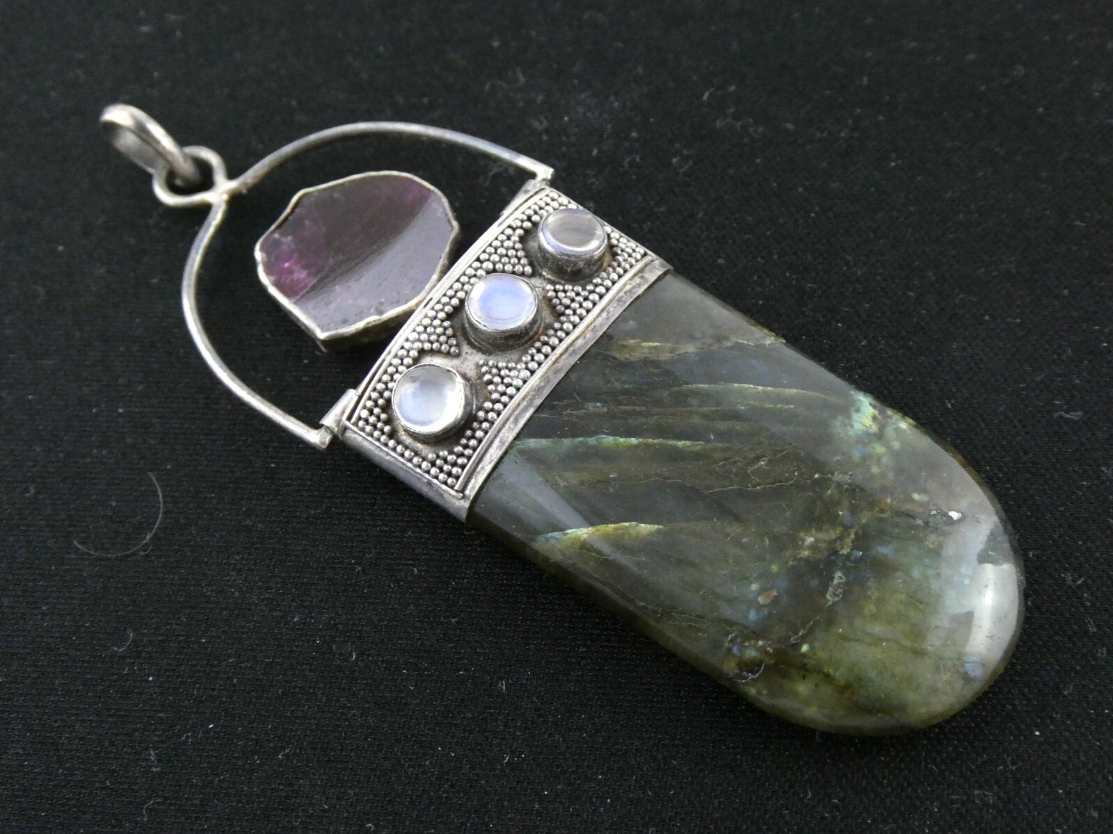 Sterling Silver Pink Tourmaline Slice Labradorite Moonstone Pendant 925 24.2g