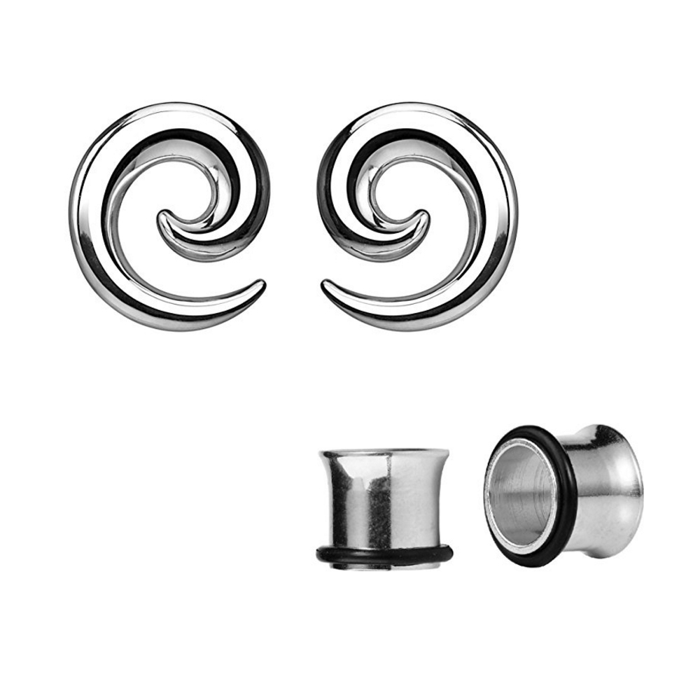 Pair of Anodized Titanium Seamless Steel Spiral Ear Tapers with Ear Plugs