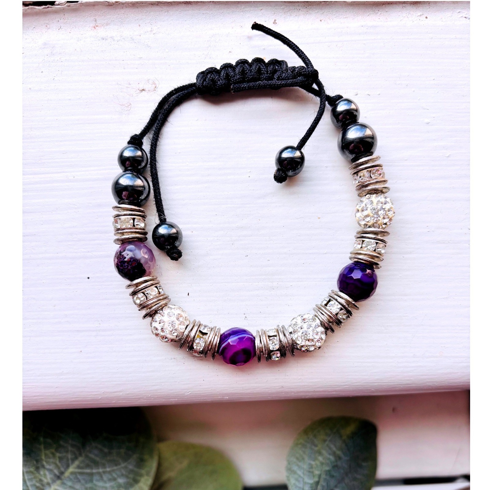 Purple Agate Hematite Rhinestone Adjustable Drawstring Macrame Cord Bracelet