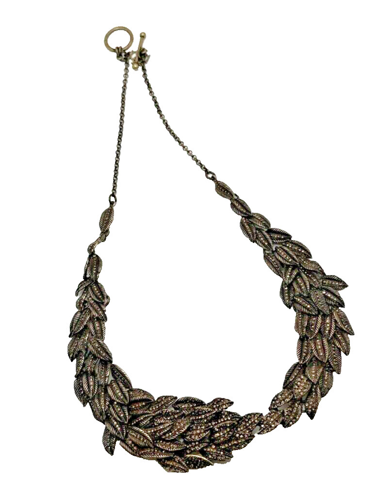 ANN TAYLOR Rhinestone Leaves Collar Necklace Bronze Tone Runway Statement 21″
