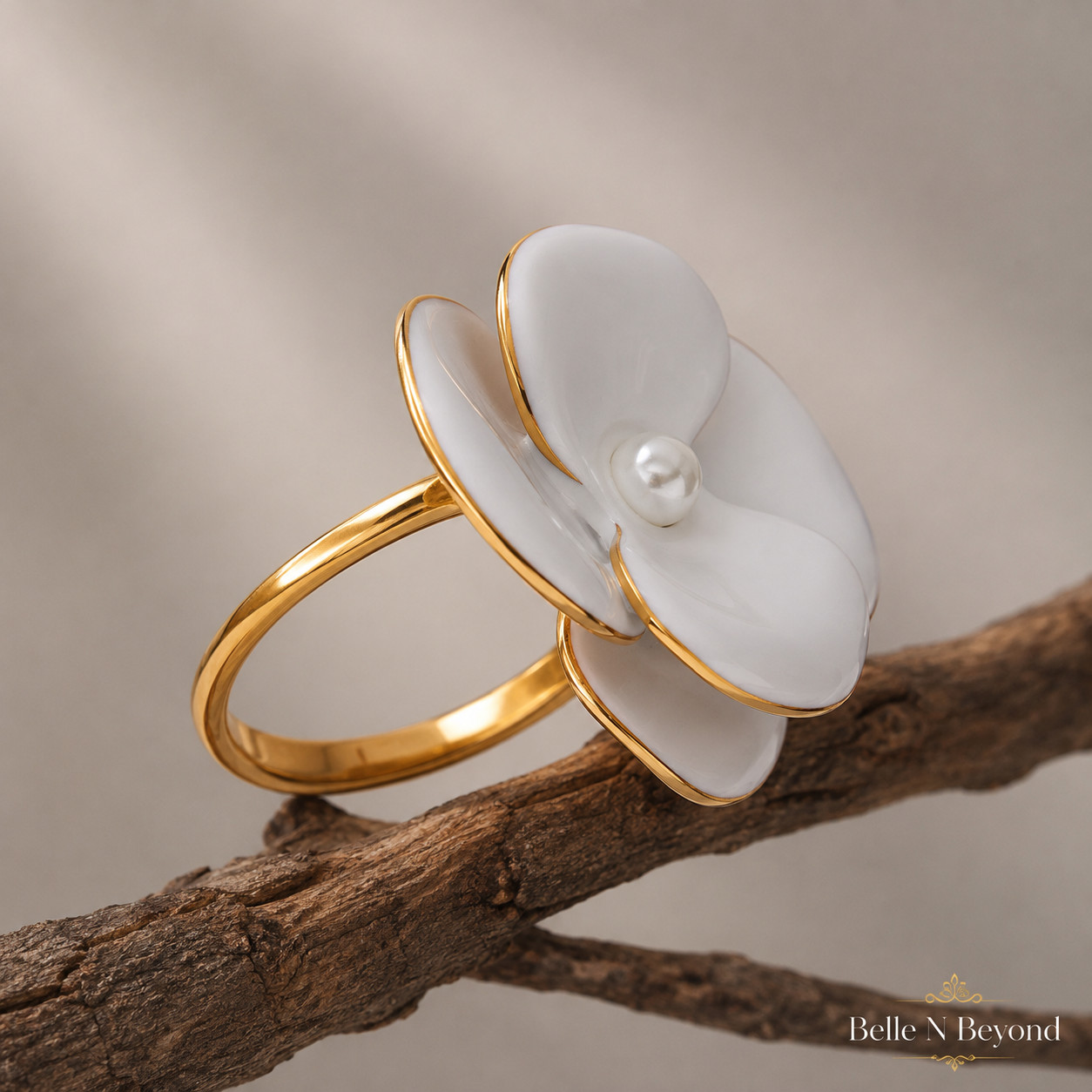 White Enamel Flower Statement Ring Faux Pearl Gold Tone Floral Jewelry
