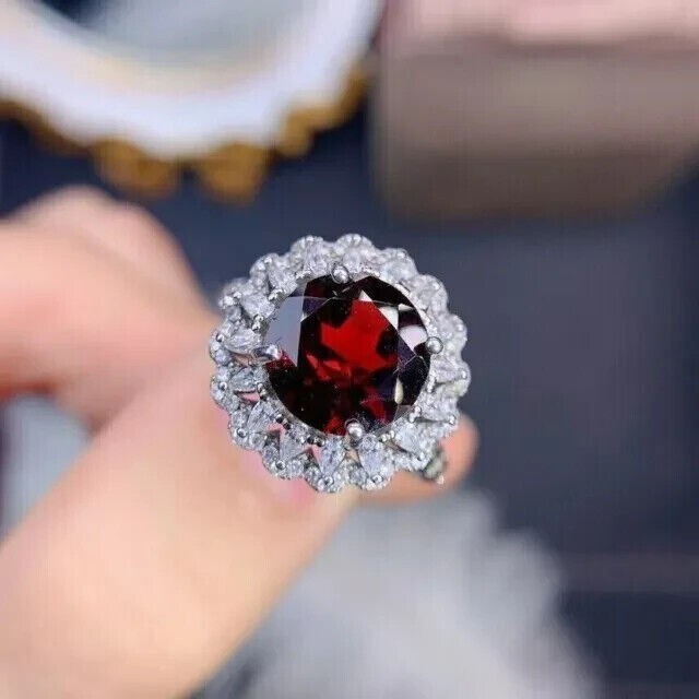 14K White Gold Plated 3.50Ct Round Cut Simulated Red Garnet Halo Engagement Ring