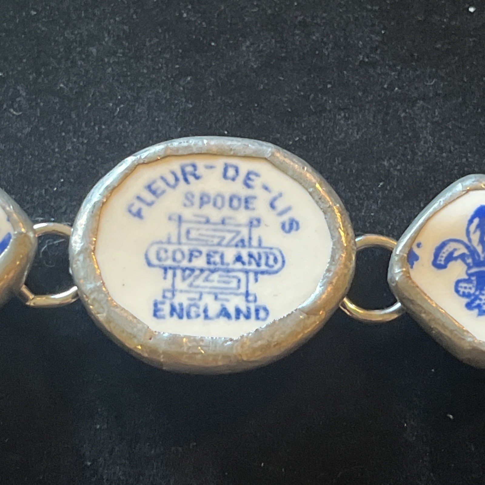 Vtg Spode Fleur De Lis Copeland Bracelet Sterling Silver Ceramic Blue White Rare