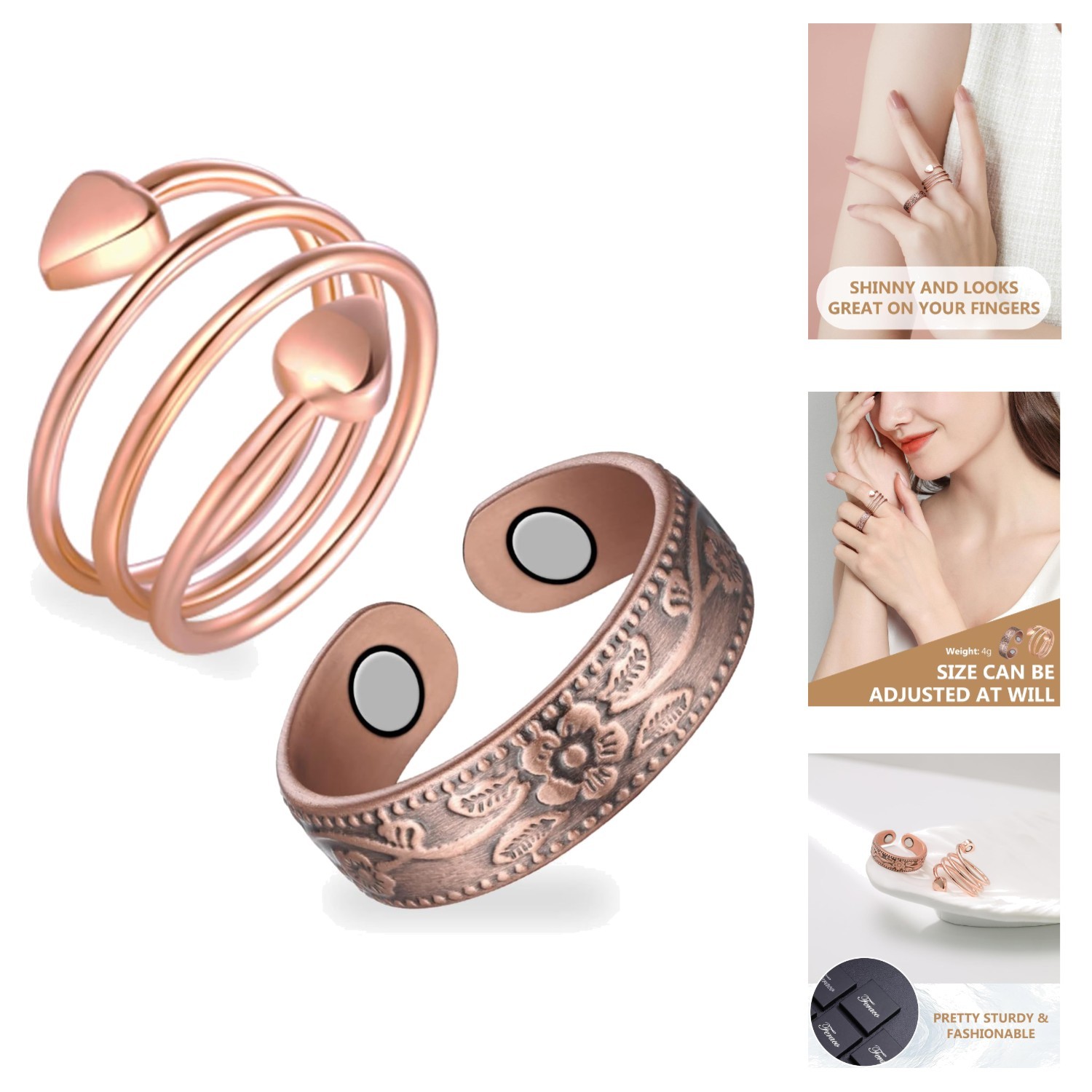 2x Copper Magnetic Rings For Women Adjustable Lymphatic Drainage Thumb Jewelry