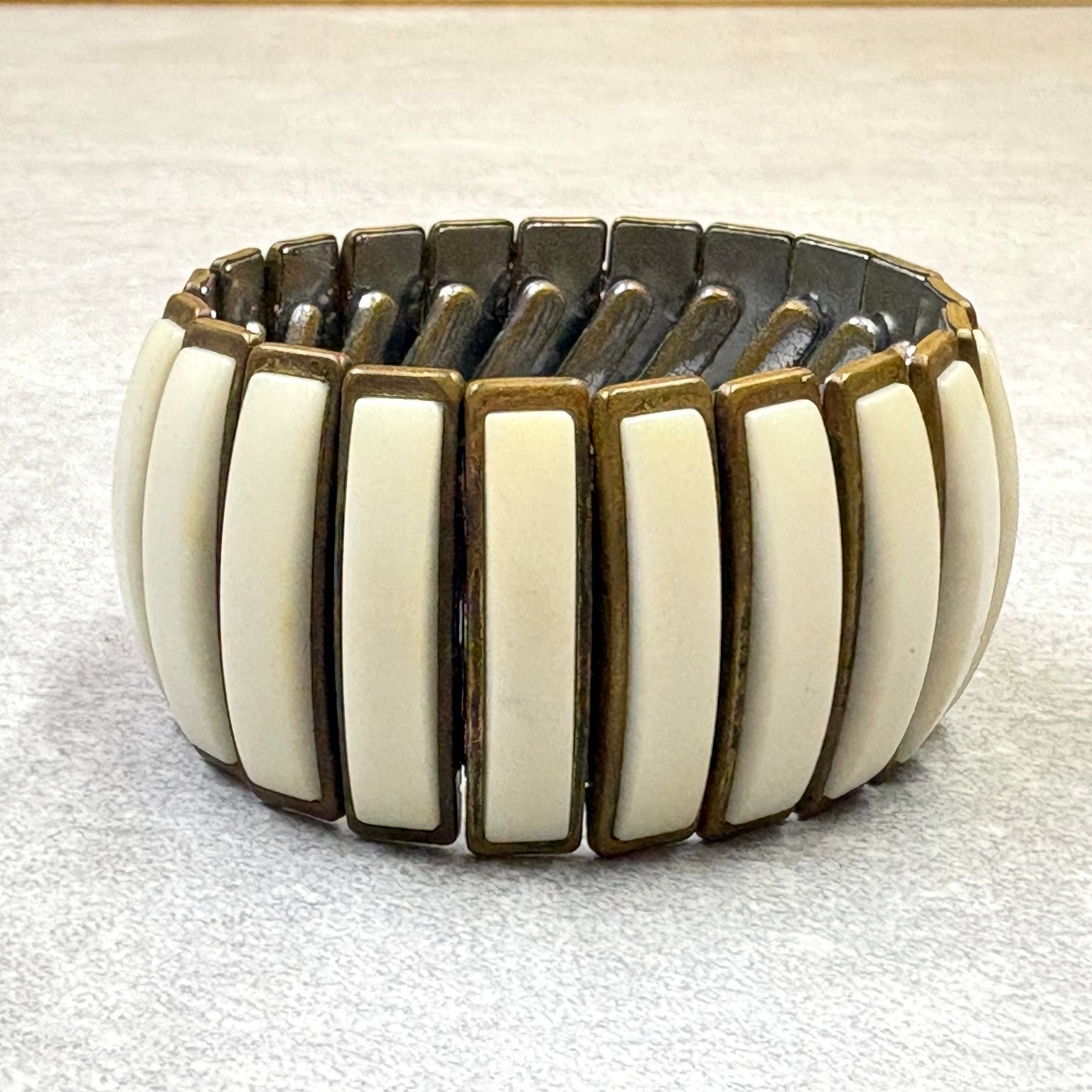 Stretch Panel Bracelet Cream Resin Bronze Tone Geometric Flexible