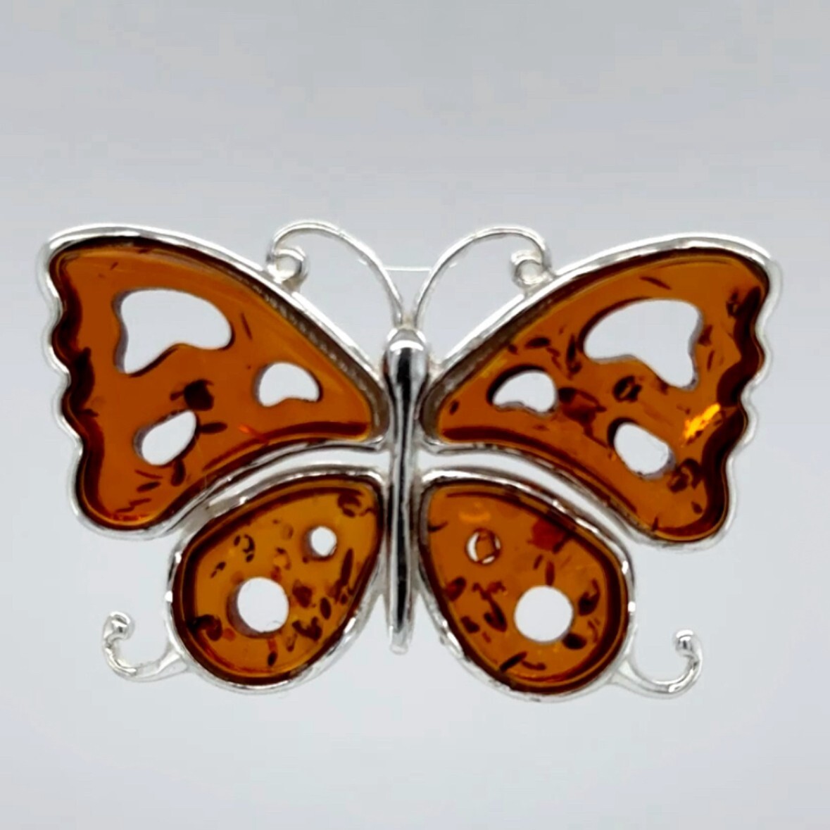 Cognac / Brown BALTIC AMBER Butterfly Pendant – 925 STERLING SILVER Poland 3183e