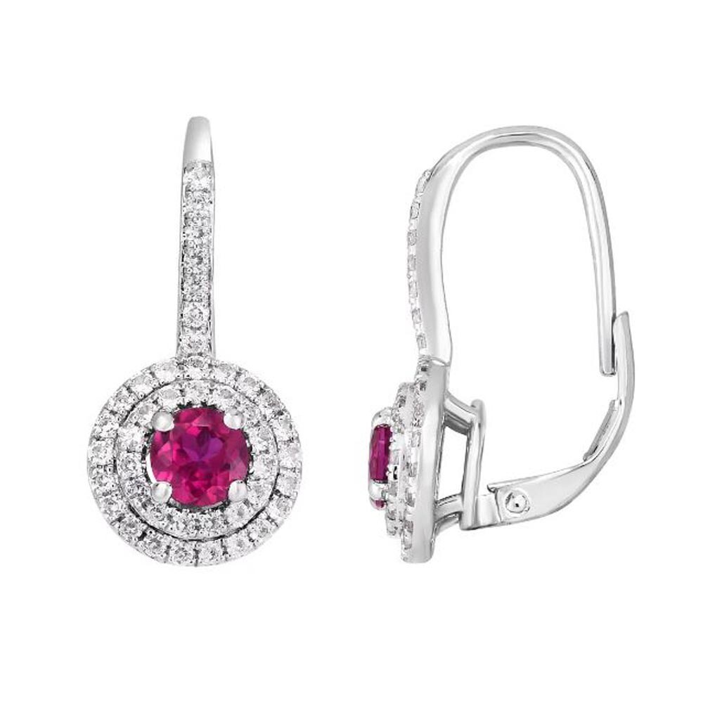 1.5CT Simulated Ruby Double Halo Drop/Dangle Leveback Earrings White Gold Plated