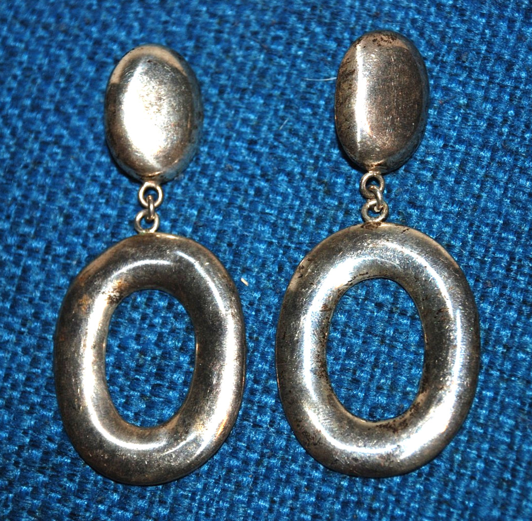 .925 Sterling Silver Modernist Oval Drop Dangle Earrings CT09 Mexico 1950s 3.25″