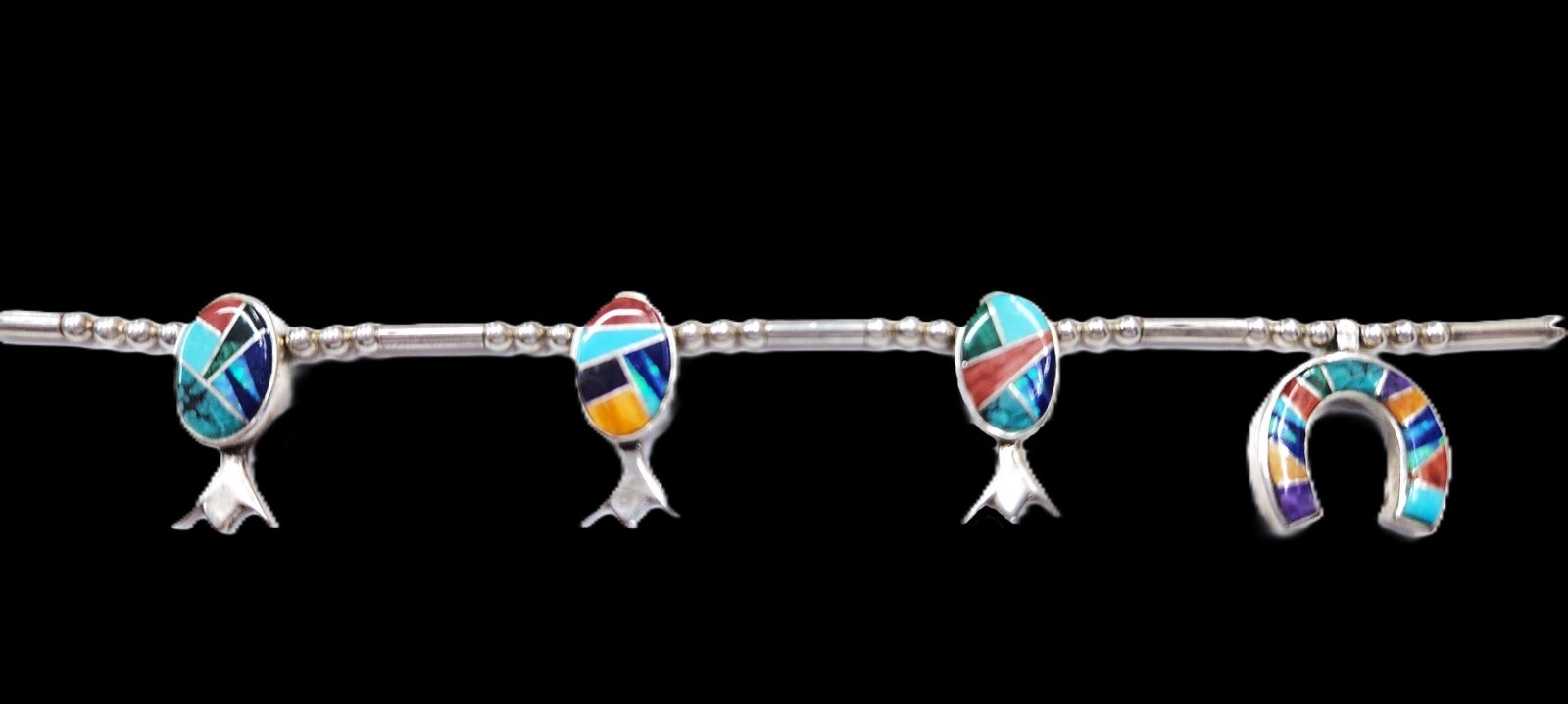 Evangeline Sherman Navajo Multi-Stone Inlay Sterling Squash Blossom Necklace
