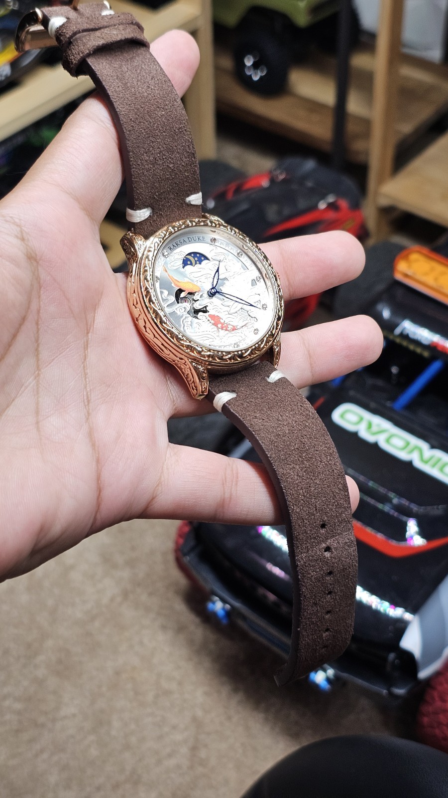 Tevise Raksa Duke T890DF Mechanical Watch 3D Koi Fish Dial, With New Suede Strap