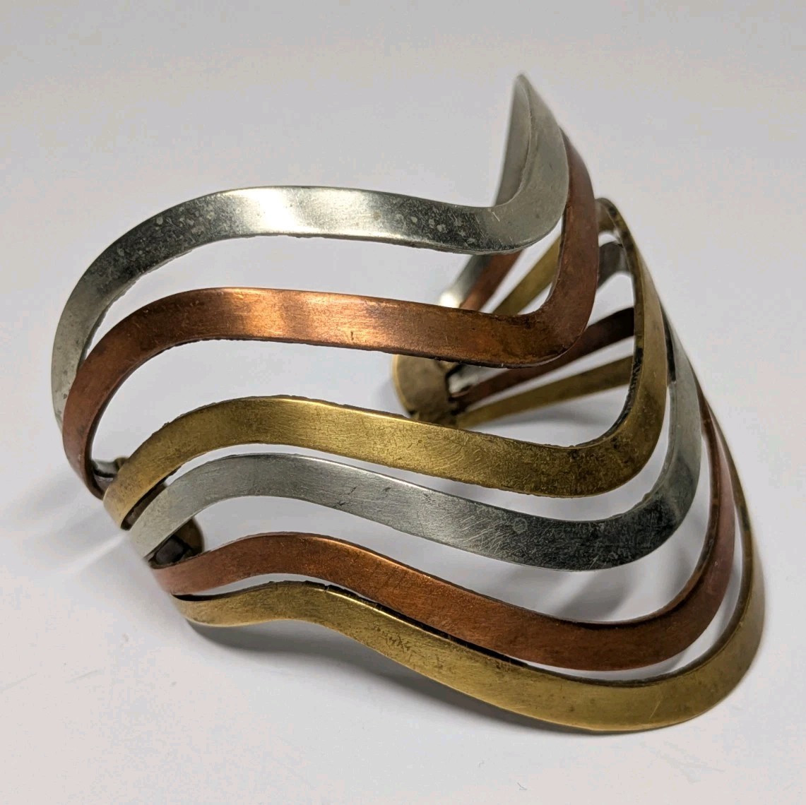 Vintage Modernist Mixed Metal Cuff Bracelet Brass Copper Silver Tone Open Bangle