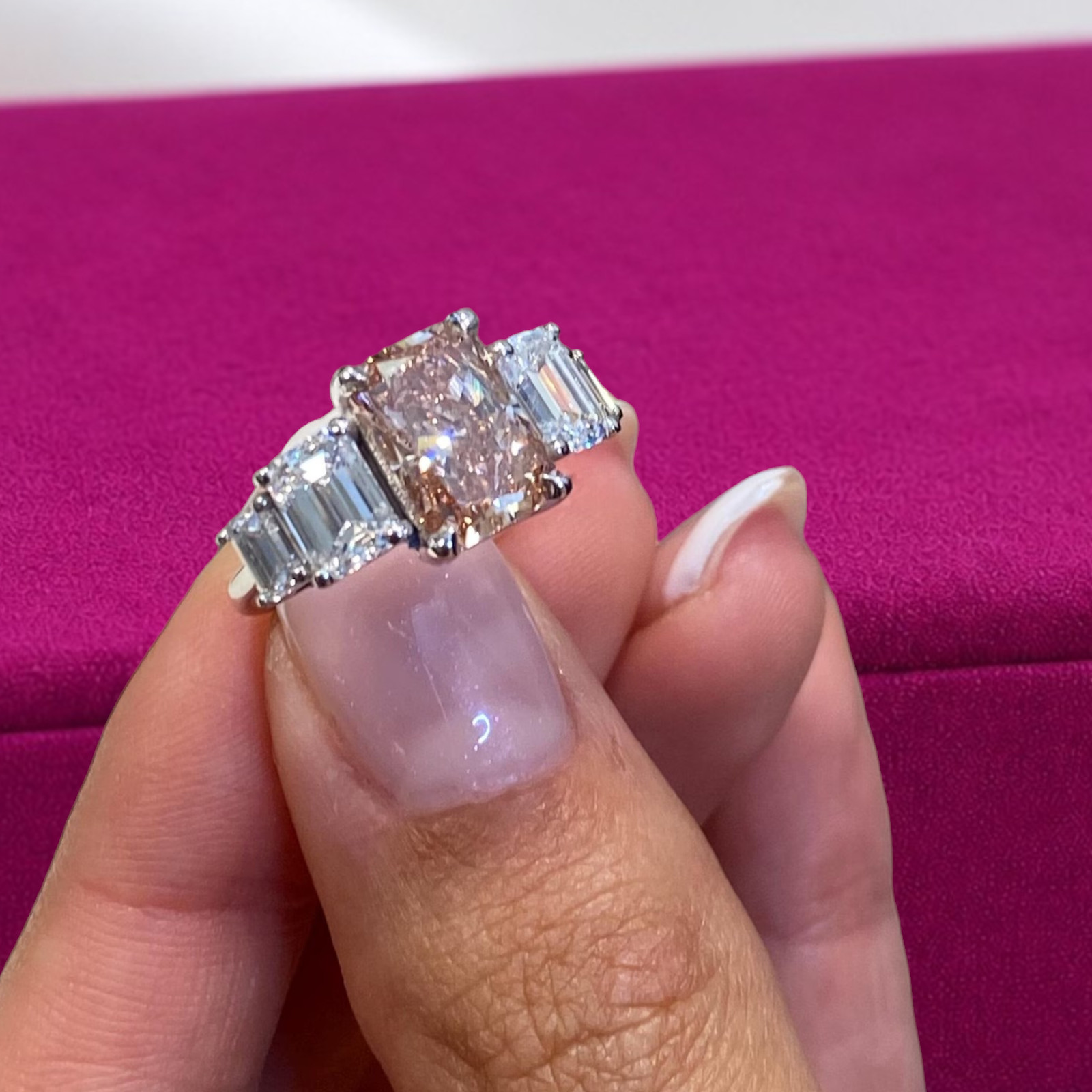 3.95 Ct Fancy Vivid Pink Radiant Cut IGI Lab Created Diamond Ring 14k White Gold