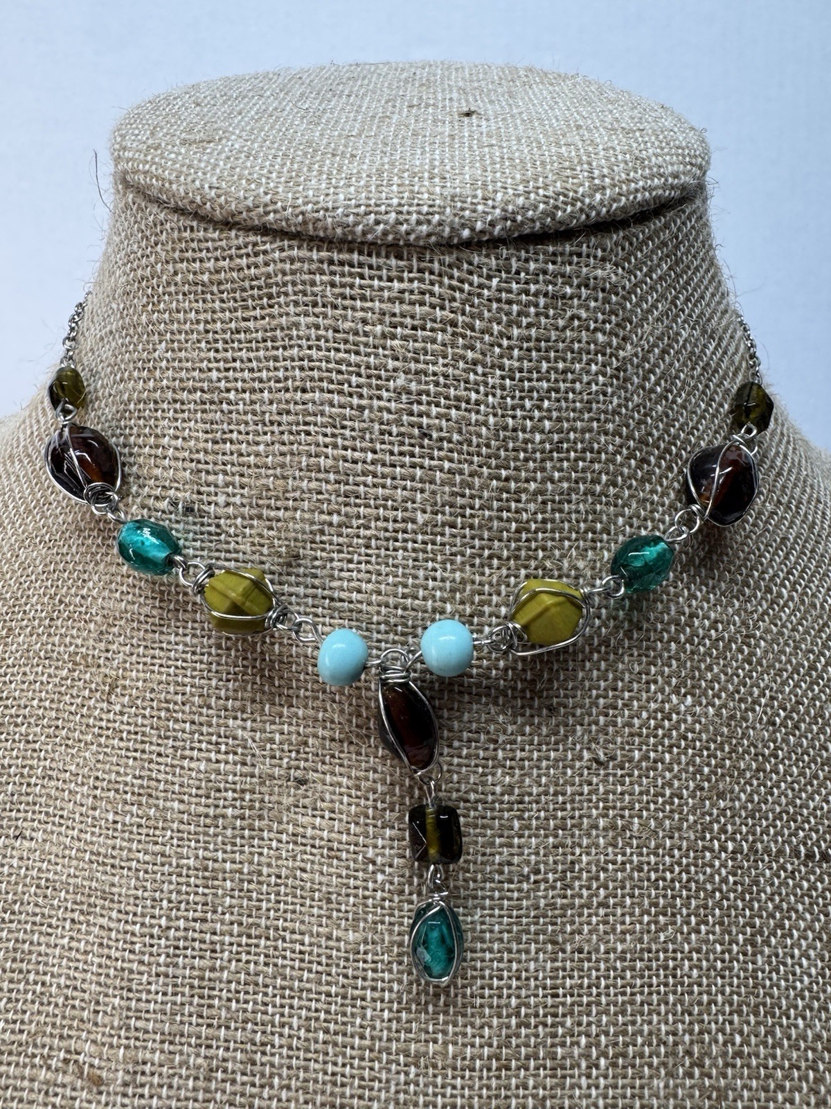 Wire Wrapped Necklace Earthy Brown Green Aqua Blue Glass Y Drop Fairy Whimsical