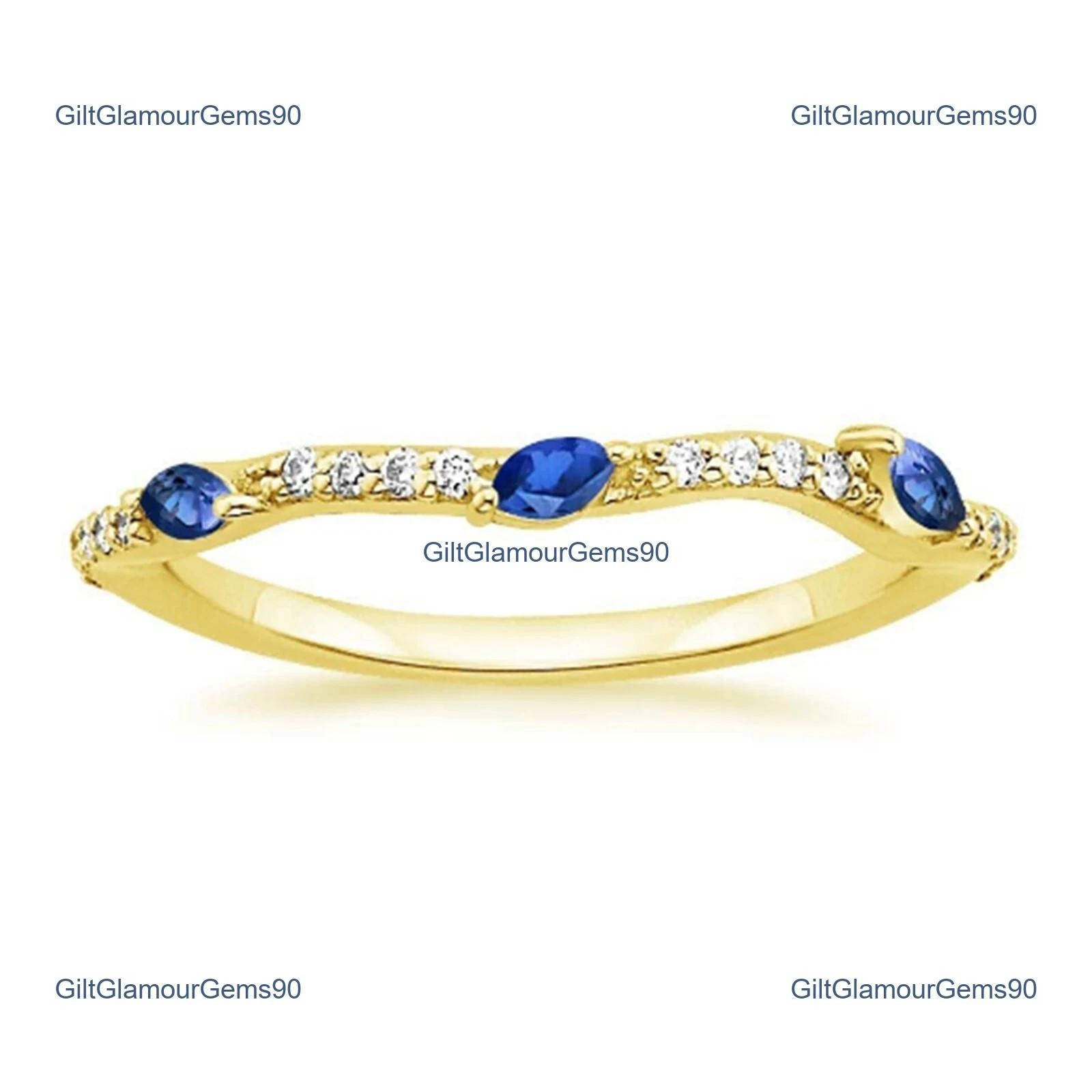 0.27Ct Natural Blue Sapphire & Diamond Marquise Engagement Ring 14k Solid Yellow