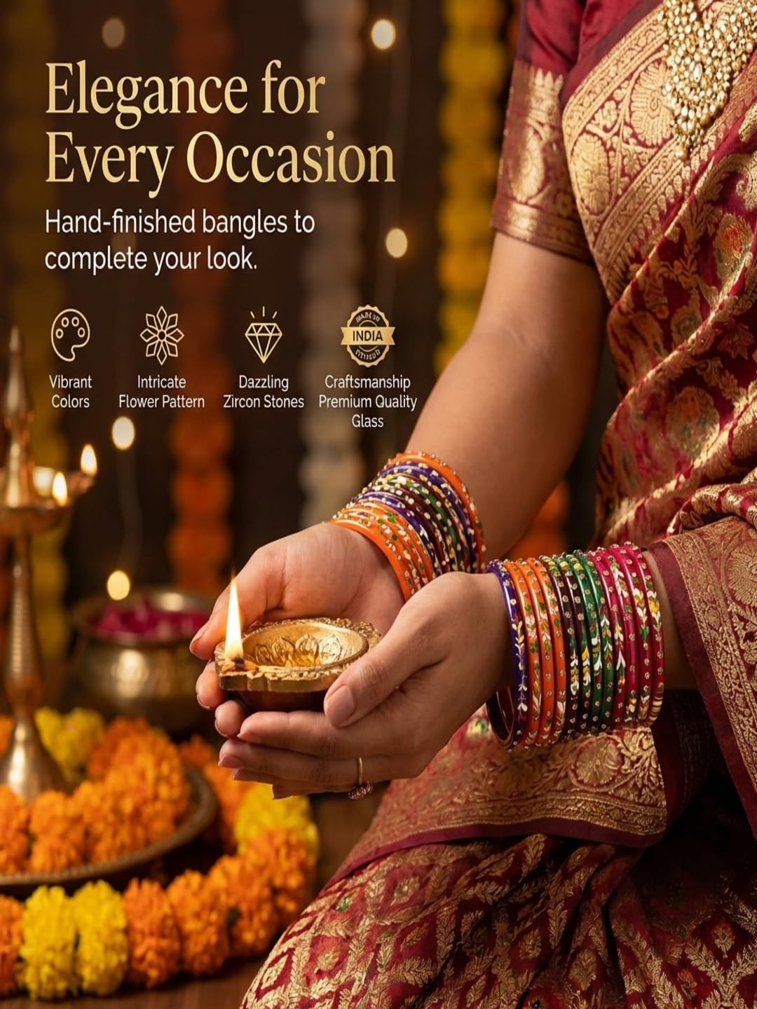 NMII Zircon Glass Kada Set 24pcs | Multicolor Bangles for Women 2.8in