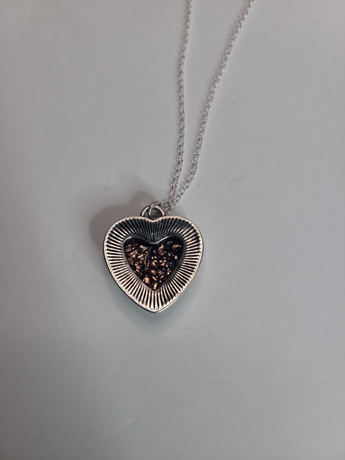 Western Heart Pendant Necklace Silver Tone Copper Floral Scroll Country Jewelry
