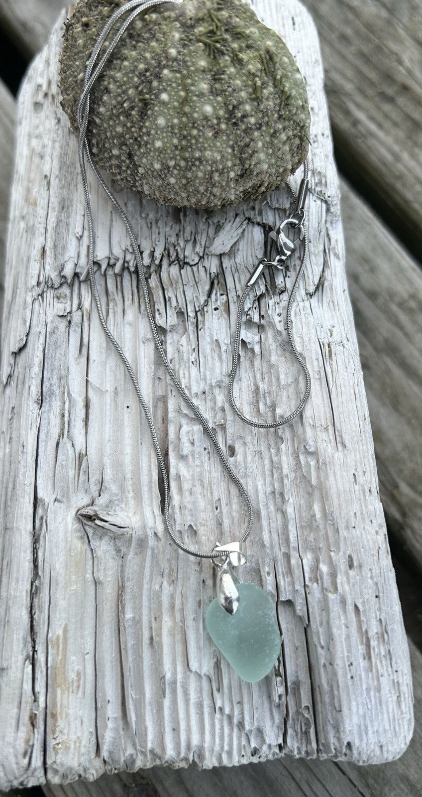 Genuine Pale Blue Sea Glass Necklace Stainless Steel 18 Inch