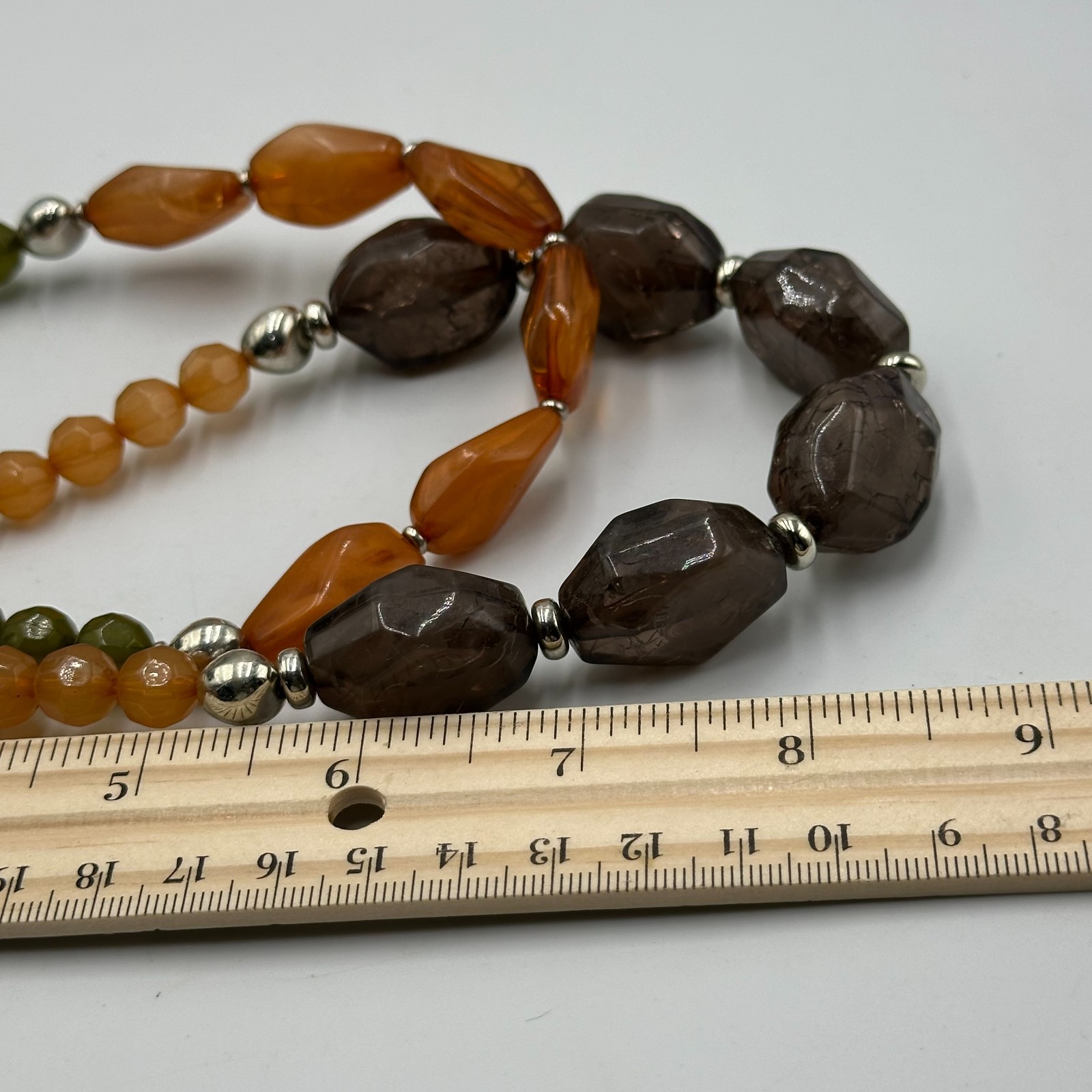 Multicolored Bead Necklace Silver Tone Orange Brown Green Color Block 2 Strand