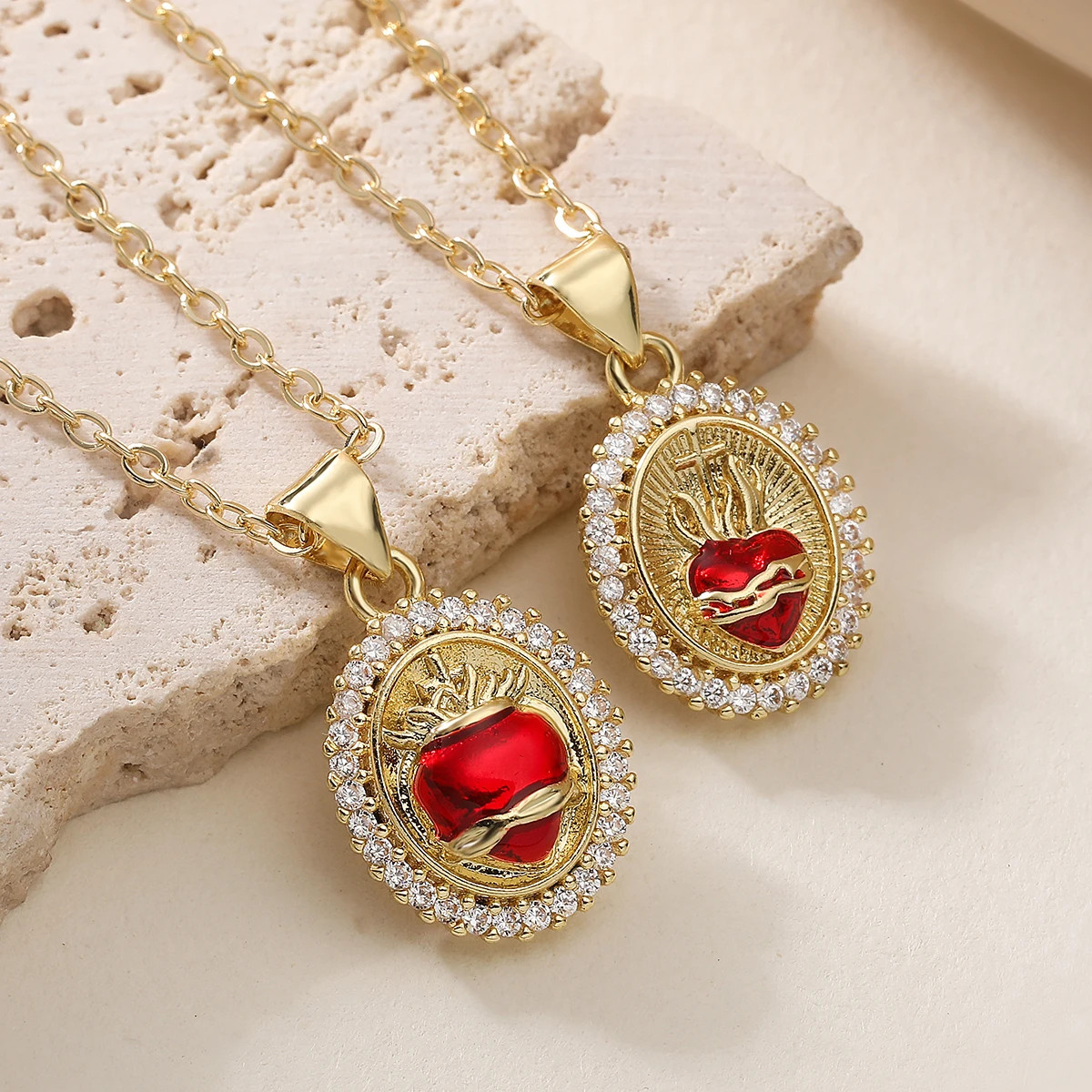 Brass Sacred Heart Red Crystal Necklace Gold Plated Cross Zircon Oval Pendant Ne