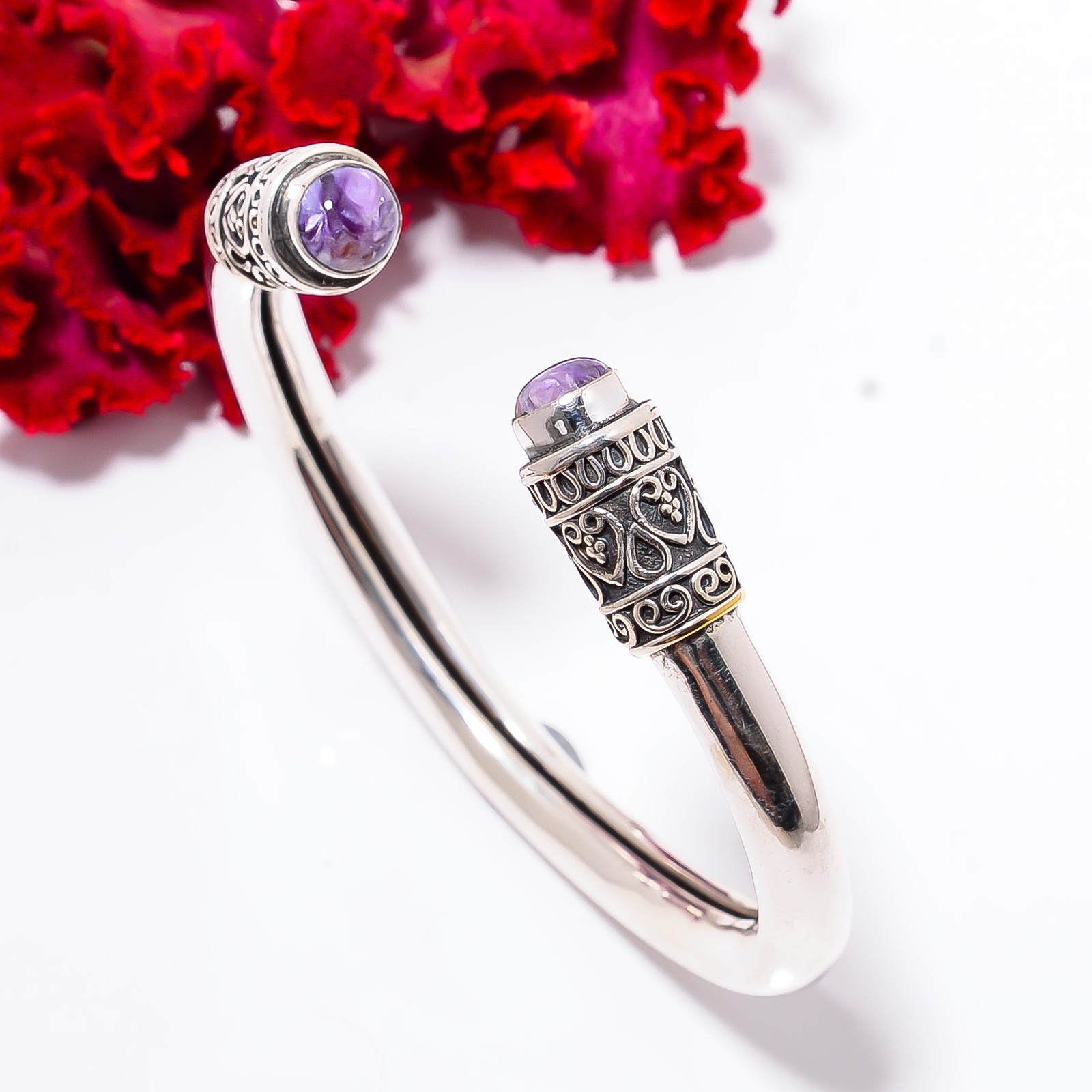 Purple Charoite – Siberia 925 Sterling Silver Bali Cuff|C1000394123