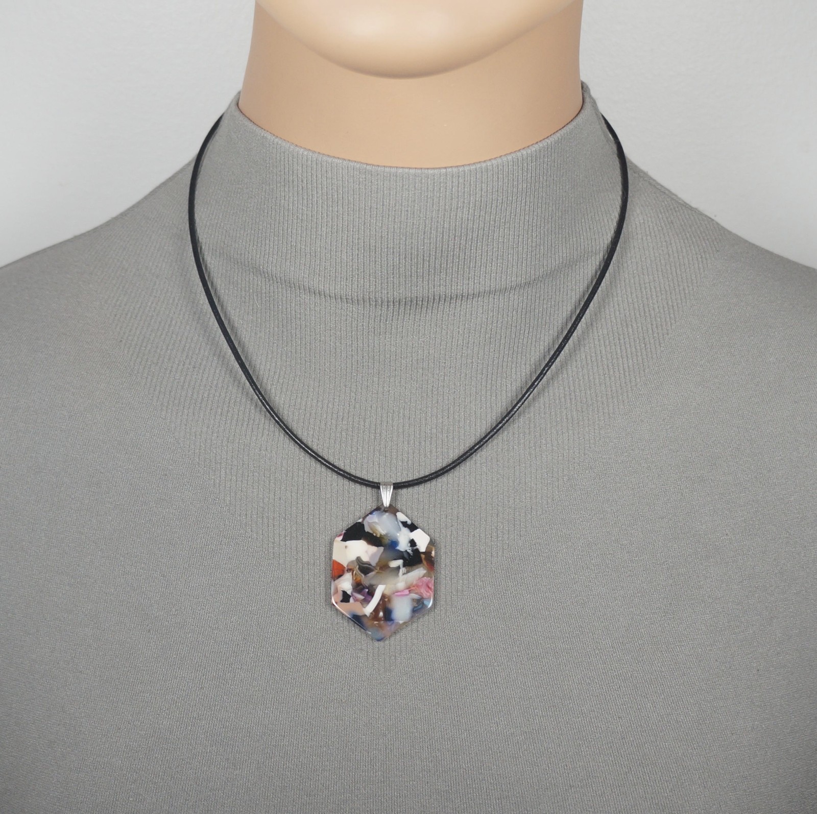 Multi Color Hexagon Acrylic Pendant Leather Cord Necklace, Black or Tan Leather