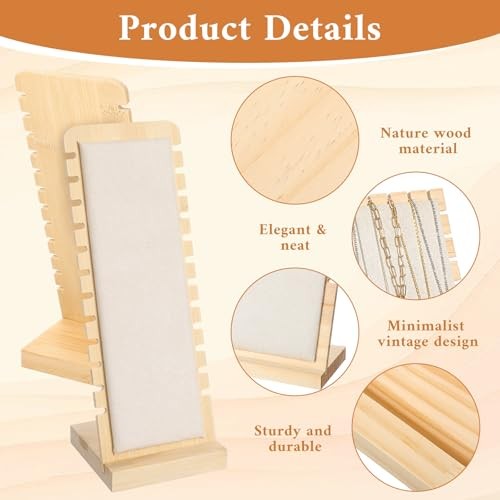 4PCS Bamboo Wood 12-Slot Necklace Display Stands with Beige Velvet, Permanent