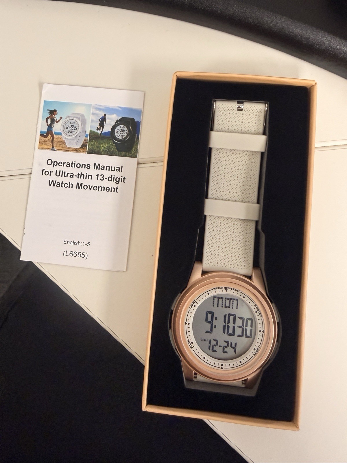 Digital Quartz Sport Watch 44mm Rose Gold Case White Rubber Strap 50m Box