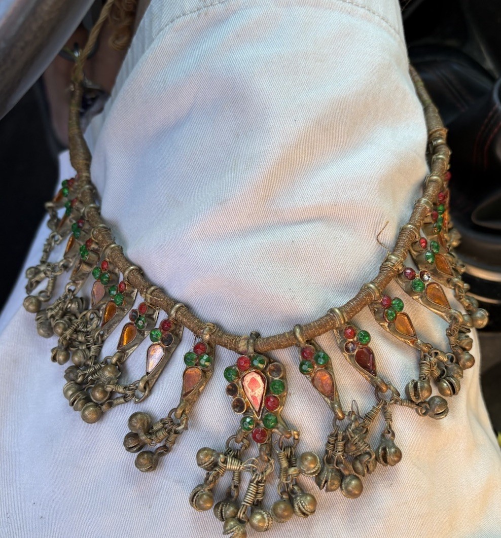 Gold Tone Ethnic Bib Fringe Necklace Red Green Round Glass Stones Rope Chain