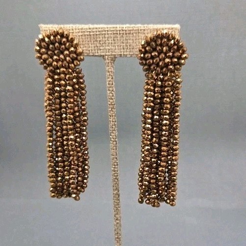 Signed BaubleBar bronz Metallic Beaded Tassel Post Earrings 3.5 Inches Long