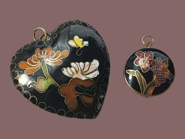 2 Vintage Chinese Cloisonne Enamel Pendants Butterfly Floral Design