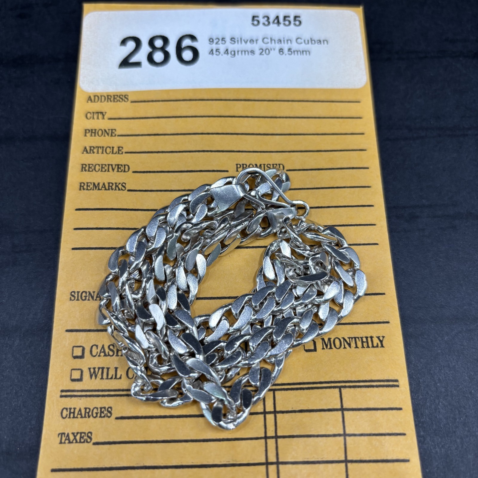 925 sterling silver cuban link chain, 45.4grm, 20” long, 6.5mm