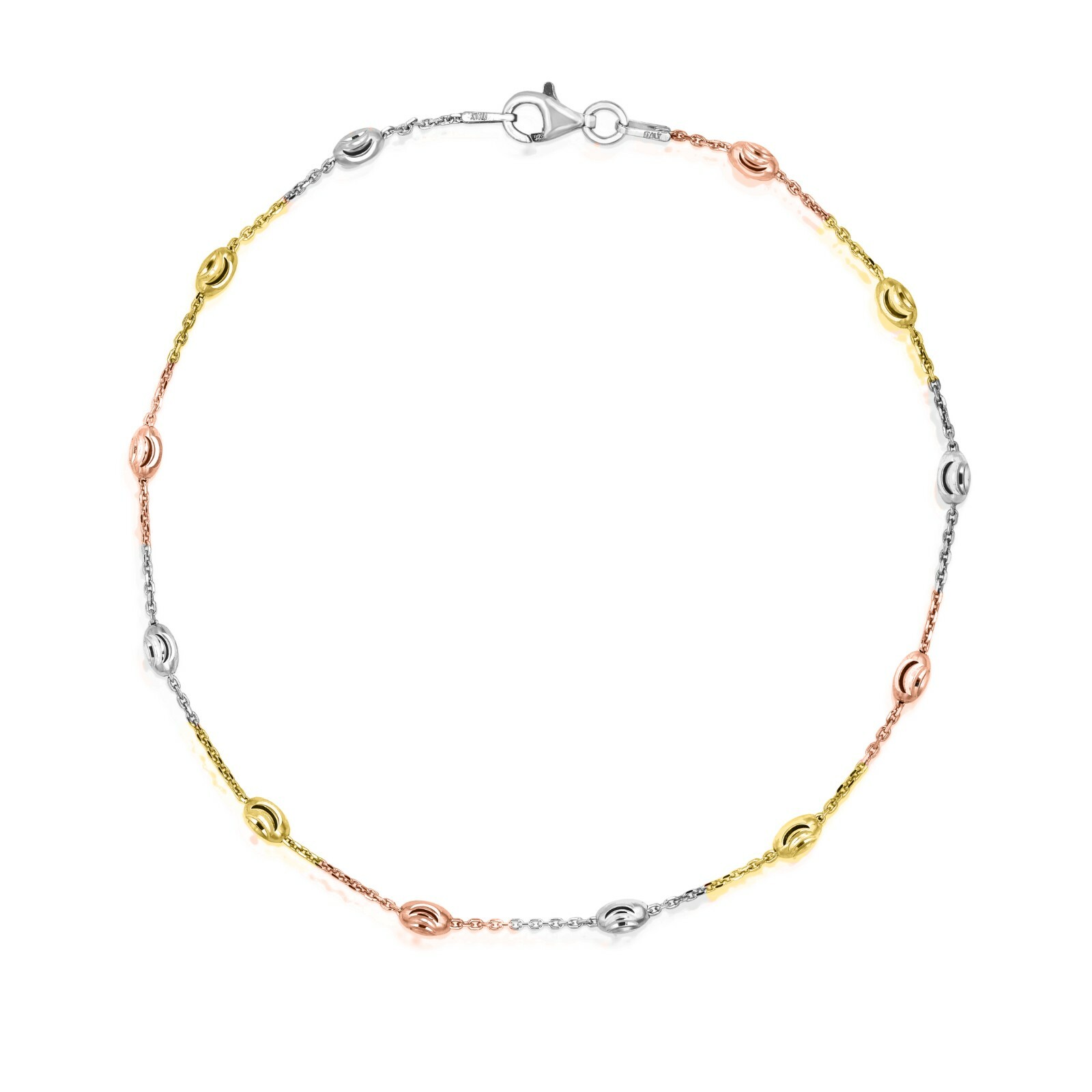 .925 Sterling Silver Tri-Color Diamond Cut Station Oval Moon Anklet 9″ and 10″
