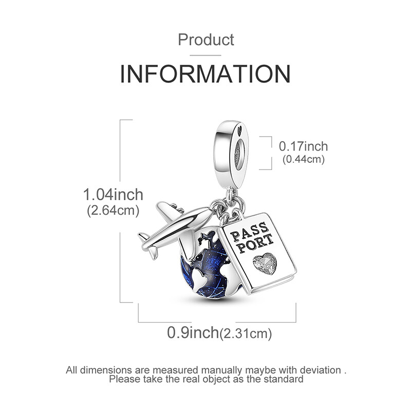 MULA Airplane Passport Earth DIY Charm CZ Enamel For Bracelet 925 Silver Plated