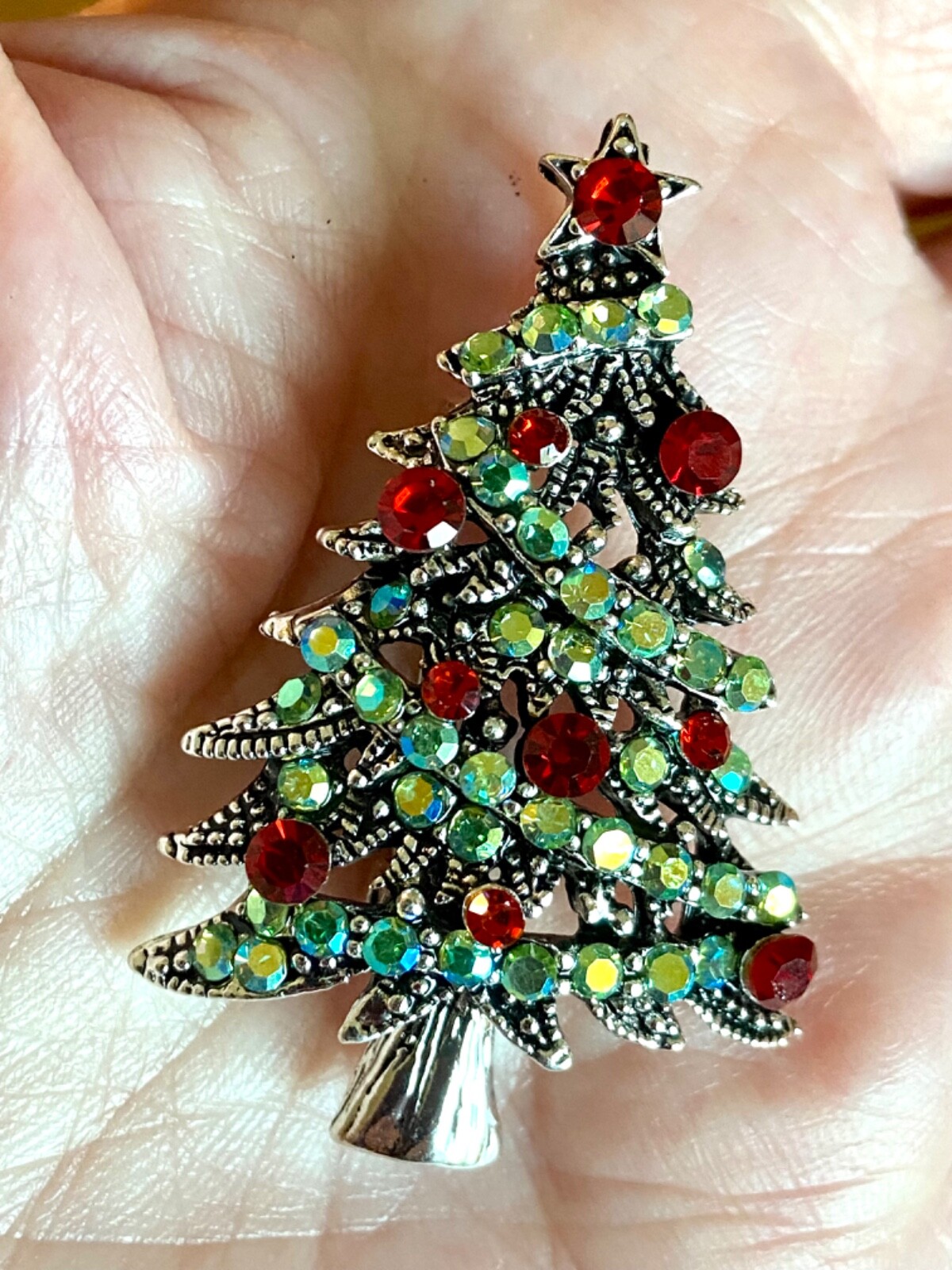 Green AB Rhinestone Christmas Tree Brooch 1.8X1.2 inches