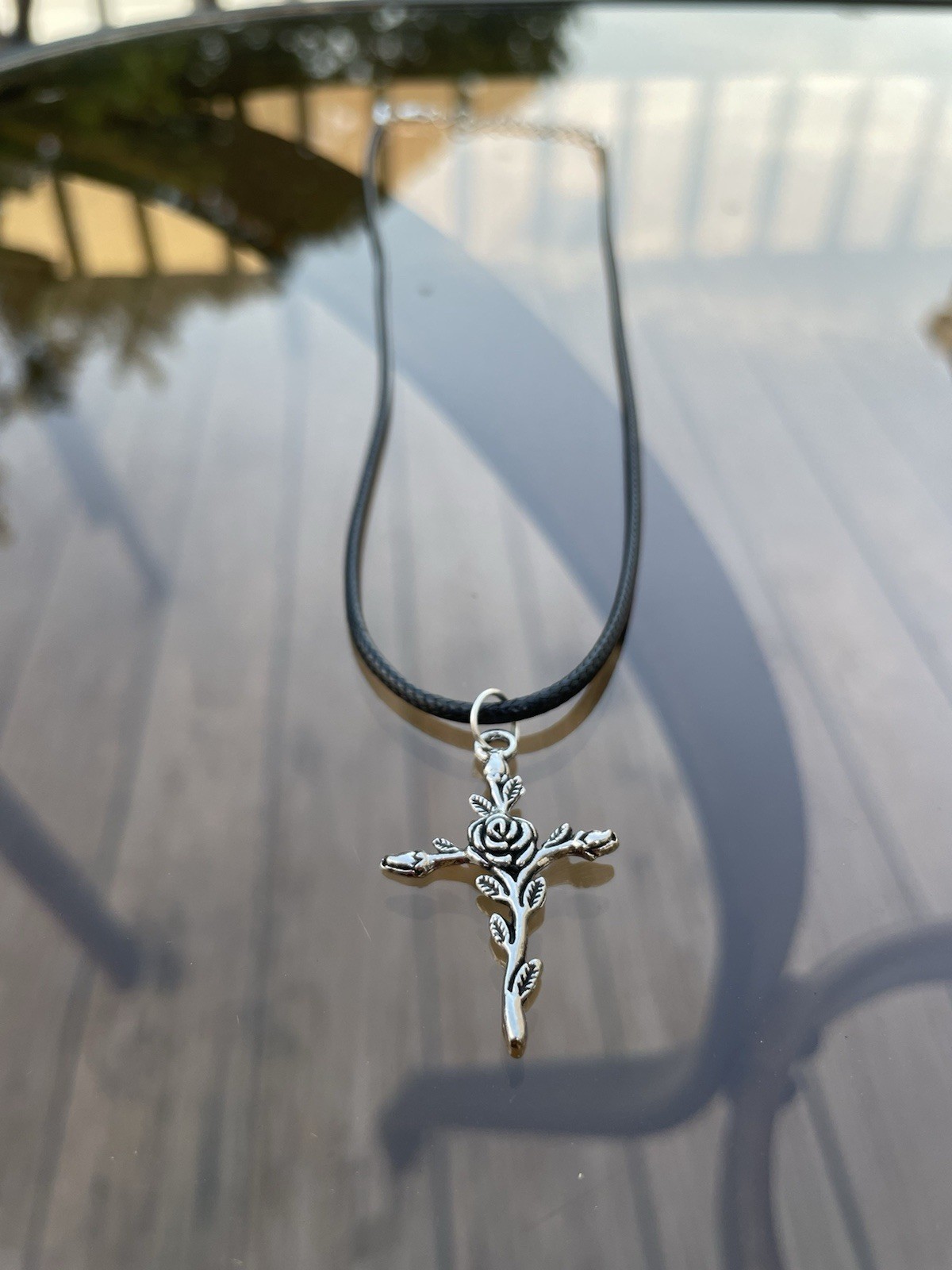 Handmade Y2K Punk Silver Black Cross Flower Rose pendant PU leather necklace