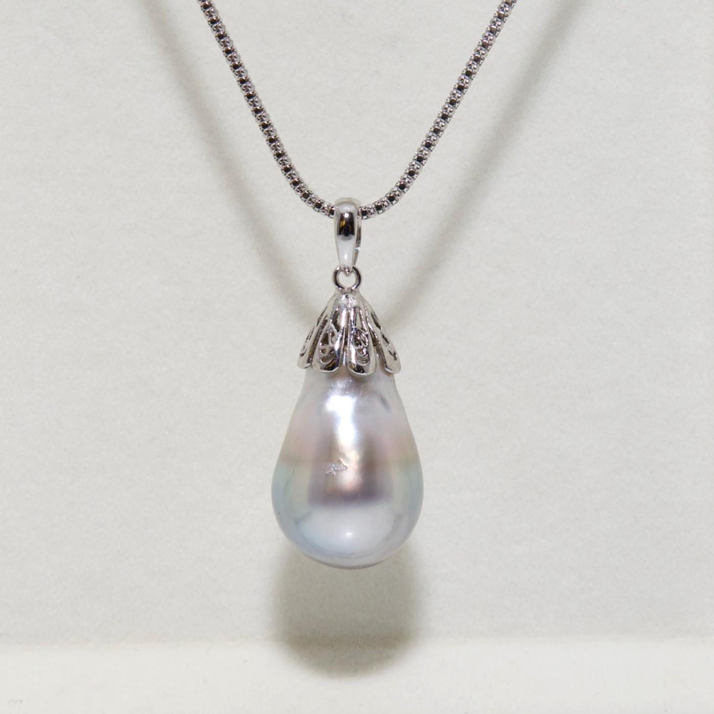 Big 14.7mm Drop Silver Tahitian Pearl Pendant Necklace Sterling Silver Chain,22″