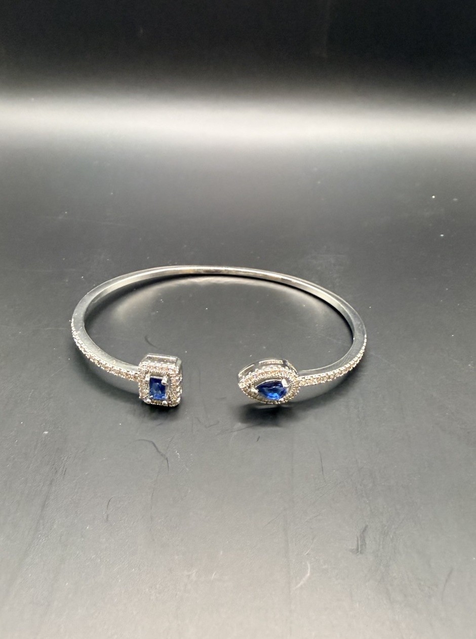Silver Tone Cuff Bracelet Blue Square Crystal Stones No Closure Metal